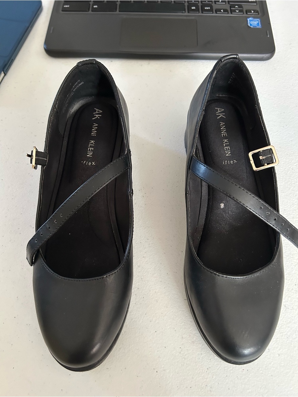 Anne Klein Black Leather Cross-Strap Mary Jane Flats with Gold Buckles